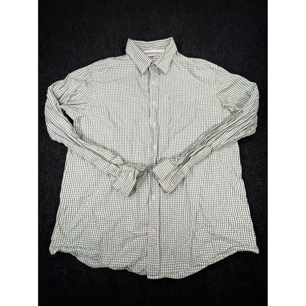 Y2K Old Navy Shirt Men 2XL Green White Grid Check Classic Fit Cotton Button Down